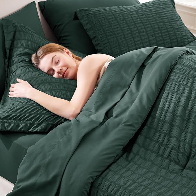 CozyLux Full Size Comforter Sets with Sheets 7 Pieces, Forest Green Seersucker Bed in a Bag Textured Luxury Soft Bedding Set with Down Alternative Comforter, Sheets, Pillowcases & Shams for All Season