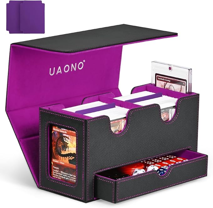 UAONO Card Deck Box for MTG, Double Card Storage Box with 2 Commander Display & 1 Dice Tray, Fits 200+ Double Sleeved Cards, Organizer for CCG TCG Sports Cards (Black Purple)