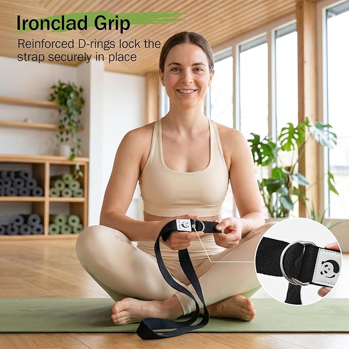 Slim Panda Yoga Strap for Stretching,Cotton Yoga Strap with Adjustable D-Ring Buckle,Non-Elastic Yoga Belt for Pilates,Gym Workouts,Physical Therapy,Improve Flexibility