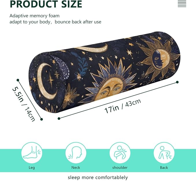 Purple Boho Sun Moon Neck Roll Pillow Bolster Round Health Memory Foam Long Cervical Cylinder Pillows with Removable Washable Cover for Body Bed Legs Back Yoga
