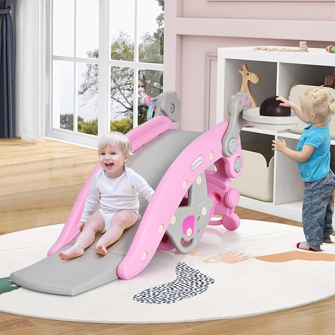 HONEY JOY Toddler Slide Rocking Toy, 6 in 1 Convertible Freestanding Slide for Kids w/Basketball Hoop/Ring Toss Game/Rocking Horse/Stool, Foldable Baby Climber Playground Slide for Indoors Outdoors
