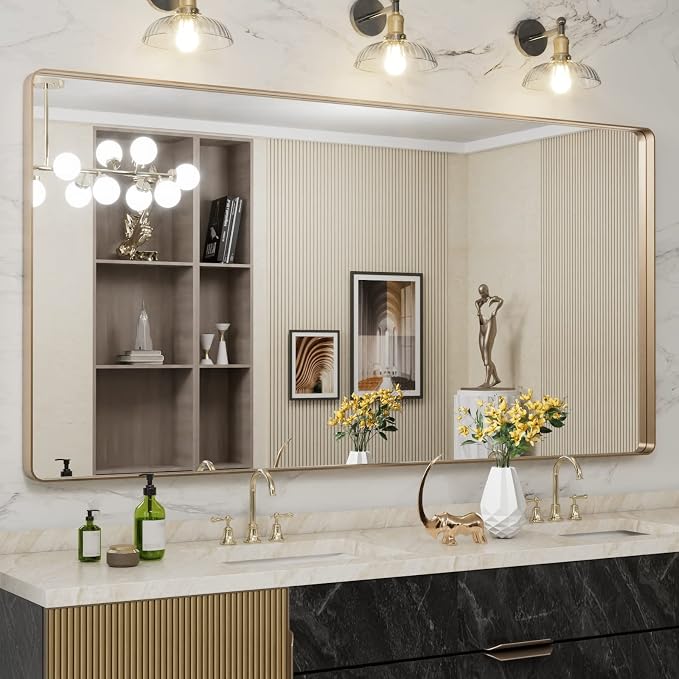 LOAAO 72"X36" Gold Bathroom Mirror | Rounded Rectangle, Brushed Gold Frame, Wall-Mounted, Anti-Rust, Tempered Glass, Hangs Horizontally or Vertically