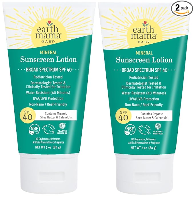 Earth Mama Baby Mineral Sunscreen Lotion SPF 40 - (2 Pack) 3 oz - Non-Nano Zinc - Broad Spectrum for Babies, Kids & Family - Water Resistant Sun Protection