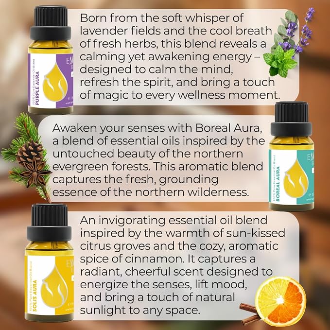 Aura Set Organic Essential Oil Blends 1.52 Fl Oz | Purple, Boreal & Solis Aura | Aromatherapy, Sauna & SPA | 100% Pure & Natural | Undiluted (3 pcs x 15 ml)