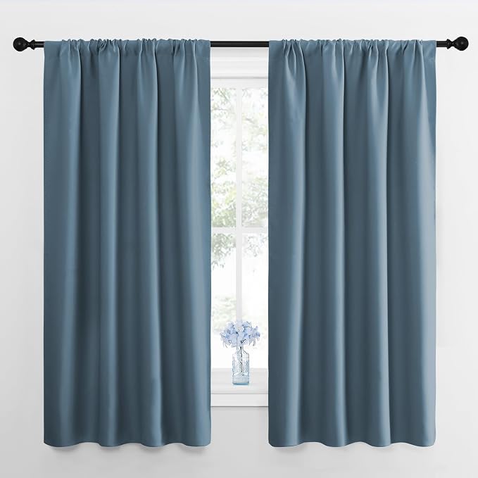 NICETOWN Kitchen Curtains, Short Blackout Drapes, Smoky Blue, 34" Wide by 54" Long, 2 PCs, Thermal Insulated Blackout Curtain Panels for Kids Room, Play Room