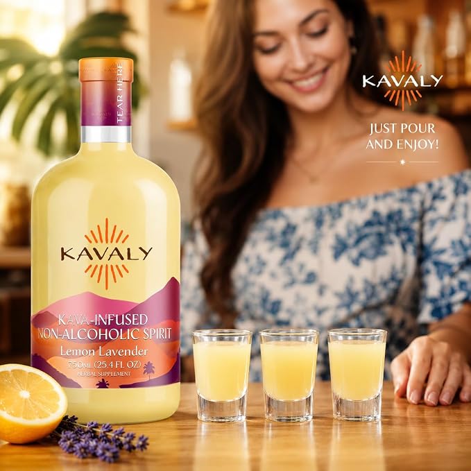 Kavaly Non Alcoholic Kava Drink, Premium Alcohol Free Kava Infused Spirit for Mocktails and Mixed Drink Recipes, Alcohol Alternative with 205mg Kavalactones, Low Calories, Lemon Lavender Flavor, 750ml