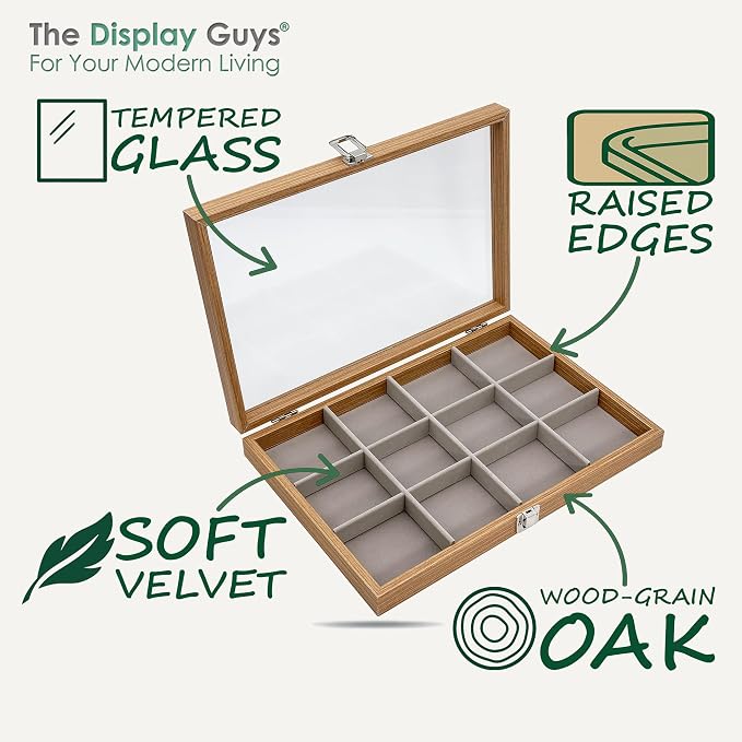 Wooden Travel Jewelry Box w. Tempered Glass Display Lid - Earrings Storage - 12-Compartments Velvet Organizer (Natural Oak) by The Display Guys