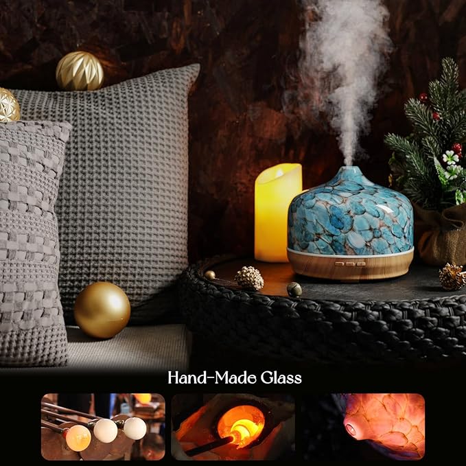 Porseme 500ml Glass Essential Oil Diffuser Aromatherapy Ultrasonic Cool Mist Humidifier 15-21 Running Hours Waterless Auto-Off Air Diffusers for Sleeping Yoga Working Spa(Light Blue)