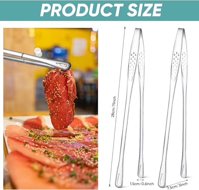 meekoo 6 Pcs 11 Inches Stainless Steel Korean BBQ Grill Tongs Japanese Barbecue Tongs for Cooking Portable Kitchenware Home Outdoor Steak Salad Food