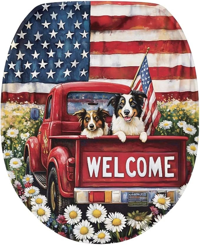 American Flag Dog Toilet Seat Covers for Bathroom US 250 Years Decorations Snowman Toilet Seat Covers with Elastic Bottom Soft Bathroom Replacement Easy to Clean