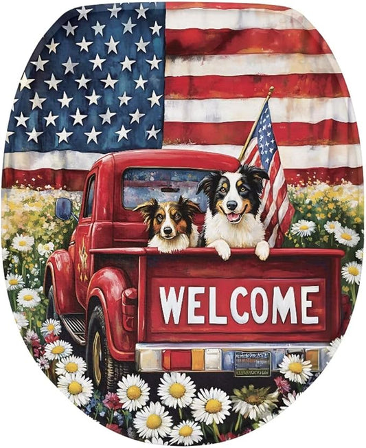 American Flag Dog Toilet Seat Covers for Bathroom US 250 Years Decorations Snowman Toilet Seat Covers with Elastic Bottom Soft Bathroom Replacement Easy to Clean