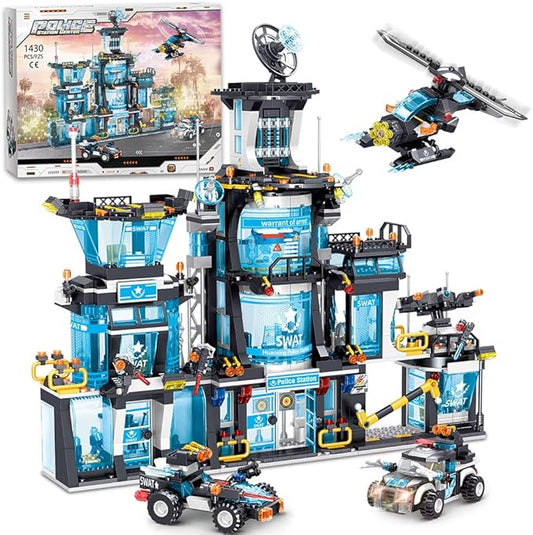 MindBox City Police Station Building Set with Police Car & Helicopter,1430pcs Building Block Toy for Boys 8-12