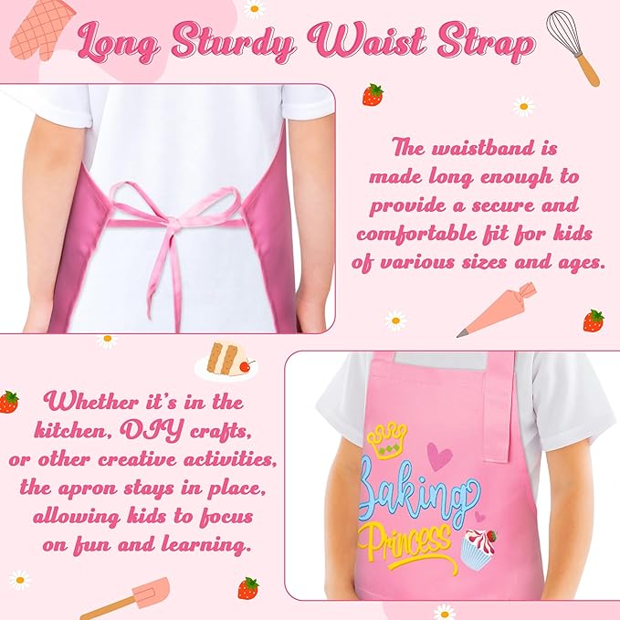 R HORSE Kid Apron and Chef Hat Set - 2Pcs Pink Baking Princess Adjustable Children Kitchen Toddler Apron for Girls, Funny Dress up Role Play Chef Toy Birthday Gift for Kids Cooking Baking Painting