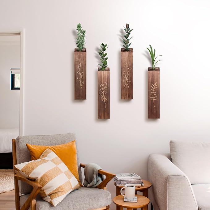 Wooden Wall Vase Planter Set of 4 | Brown Finish Farmhouse & Boho Wall Decor for Entryway, Hallway, Bathroom, Living Room, Dining Room