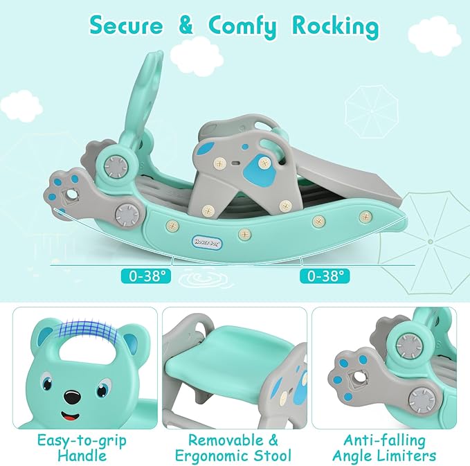 HONEY JOY Toddler Slide Rocking Toy, 6 in 1 Convertible Freestanding Slide for Kids w/Basketball Hoop/Ring Toss Game/Rocking Horse/Stool, Foldable Baby Climber Playground Slide for Indoors Outdoors