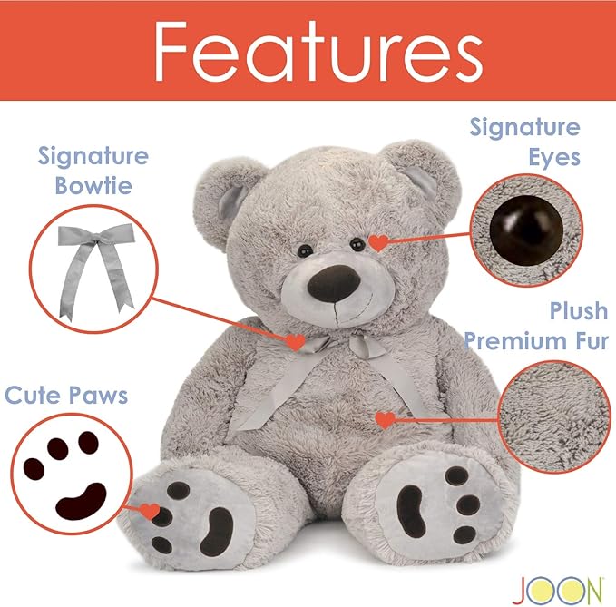 JOON Huge Teddy Bear - 38 Inches, Light Gray, Fluffy Faux Fur, Ribbon & Bow Signature Footprints- Huggable & Lovable Joy – Gift for Baby Showers, Loved Ones – Perfect Large Cuddly Plush Toy Companion