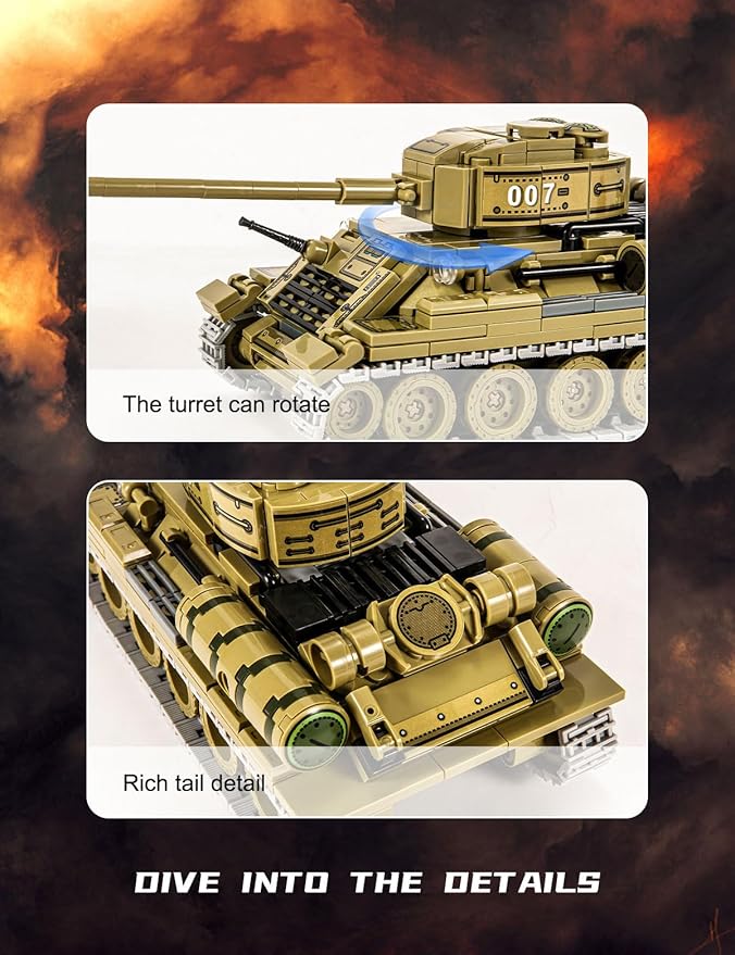 SEMKY Military Series 38T + T34 Tank 2 in 1 MOC Building Blocks（1000 Pieces）,WW2 Army Tank for Kid and Military Fan
