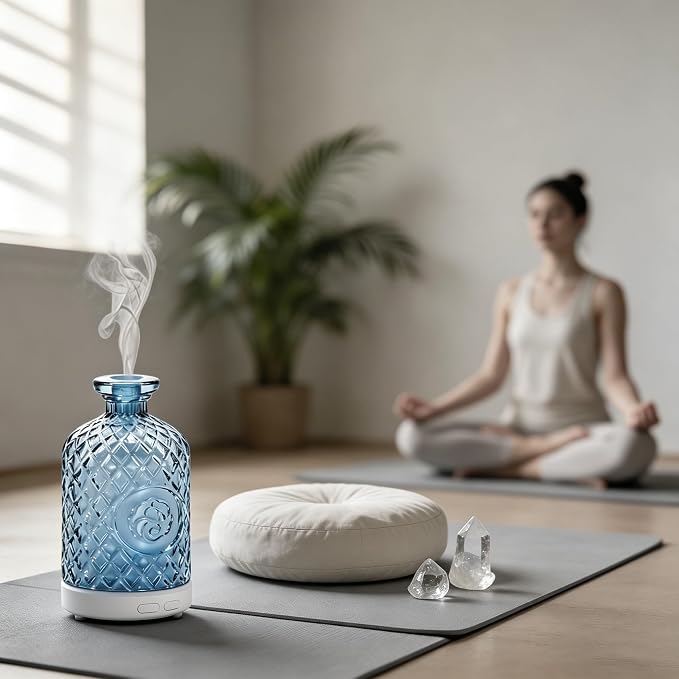 Glass Essential Oil Diffuser,100ml Aromatherapy Diffuser(Blue) | Ultrasonic Cool Mist Humidifier with 7-Color LED Lights, BPA Free, Auto Shut-Off, for Home Yoga Bedroom Office Spa