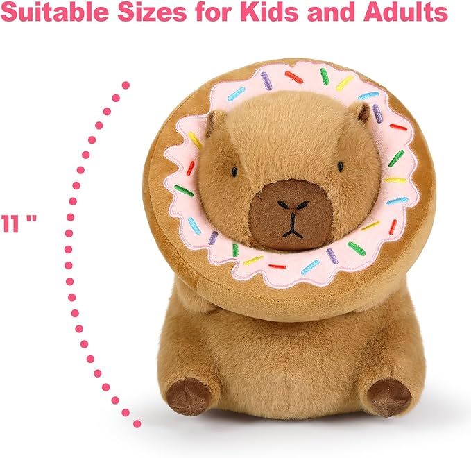 Ditucu Cute Capybara Plush Pillow with Wearable Donut Headgear Stuffed Animal Food Capibara Plushies Toys Gifts for Kids Brown 11 inch