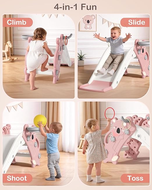 Babytronic Toddler Slide Indoor & Outdoor Playground, 4-in-1 Baby Slide with Climber, Basketball Hoop & Ring Toss, Foldable Freestanding Kids Slide, Climber Playset for Toddlers Ages 1-3, Pink