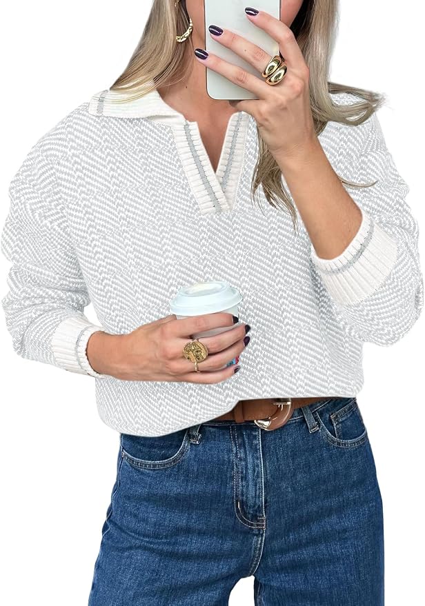 Saodimallsu Womens Fall Sweaters Tops Lapel V Neck Knit Color Block Shirt | Winter,Long Sleeve,Casual,Soft,Pullover,Cozy,Ribbed,Ladies,Chunky,Warm Sweaters,Checkered,Tunic,Work