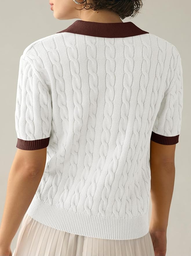 Imily Bela Womens Cable Short Sleeve Sweaters Tops Lapel V Neck Knit Shirt | Solid,Knit Casual,Soft Pullover,Fall Sweaters,Womens Summer Work Tops