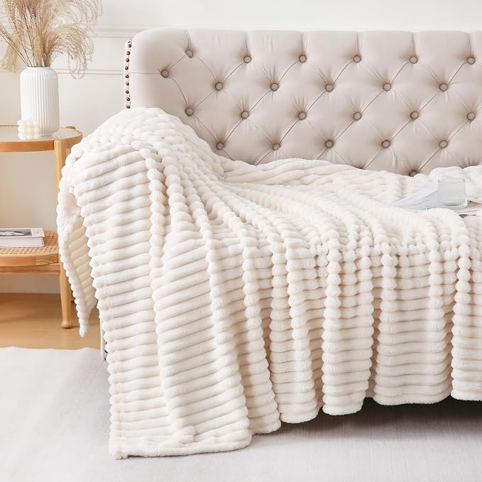 Cream White Throw Blanket for Couch Sofa 60x80 inches Striped Design | Fleece Blankets Room Home Decor Lightweight Plush Soft Cozy Gifts for Women Mom