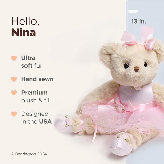 Bearington Collection Ballerina Stuffed Animal - Ballet Doll - Dance Recital Gifts for Girls - Bear Nina - 13"