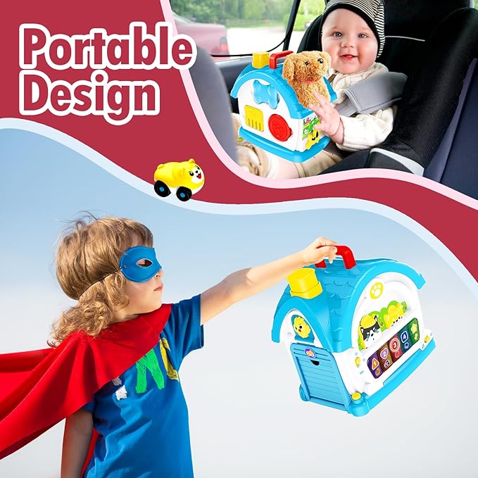 Interactive Toys for 1 2 3 Year Old Boy Gifts, Baby Musical Toy House with Stuffed Puppy, Car, Learning Educational Toy for Toddler 1-3, Christmas Birthday Gifts for 1 Year Old Boy (Blue)