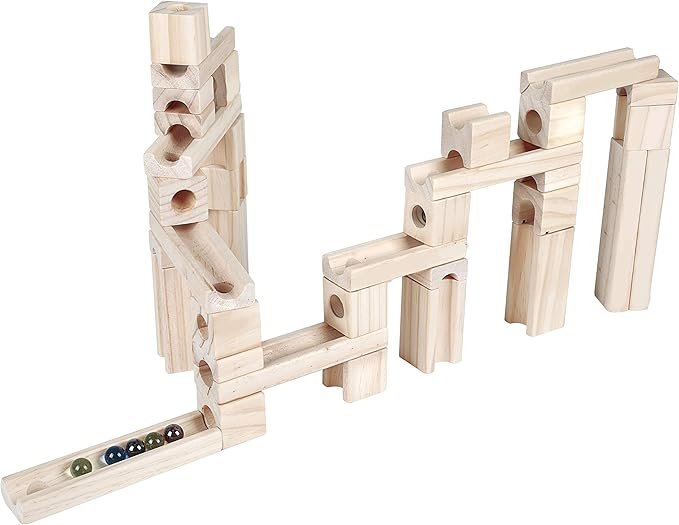 Wooden Marble Run STEM Learning Toys for Kids 4-8 | 60+ Expandable Building Blocks with Glass Marbles & Guide | Safe Birchwood Construction (ASTM Certified)