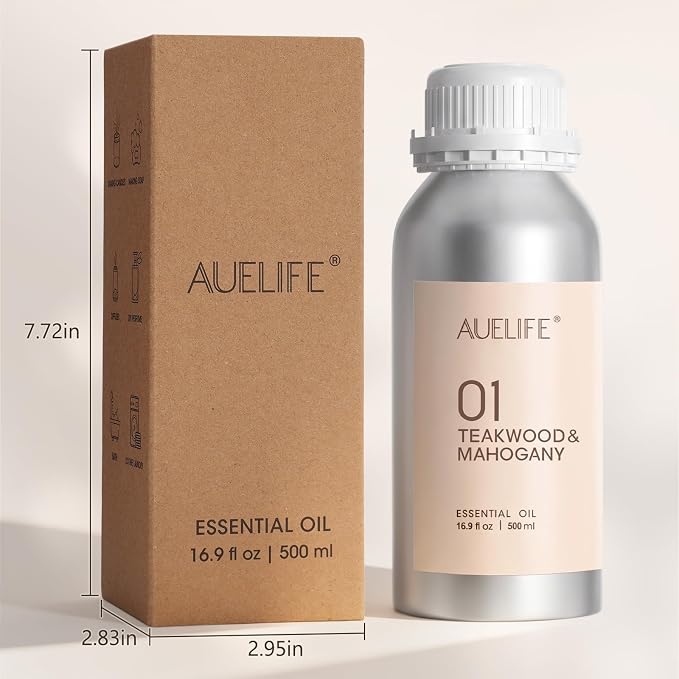 Auelife 16.9oz (500 ml) Teakwood & Mahogany Essential Oils for Diffusers for Home, Large Aluminum Bottle Fragrance Oil for Candle & Soap Making, Aromatherapy Oil for DIY Scents & Home Fragrance
