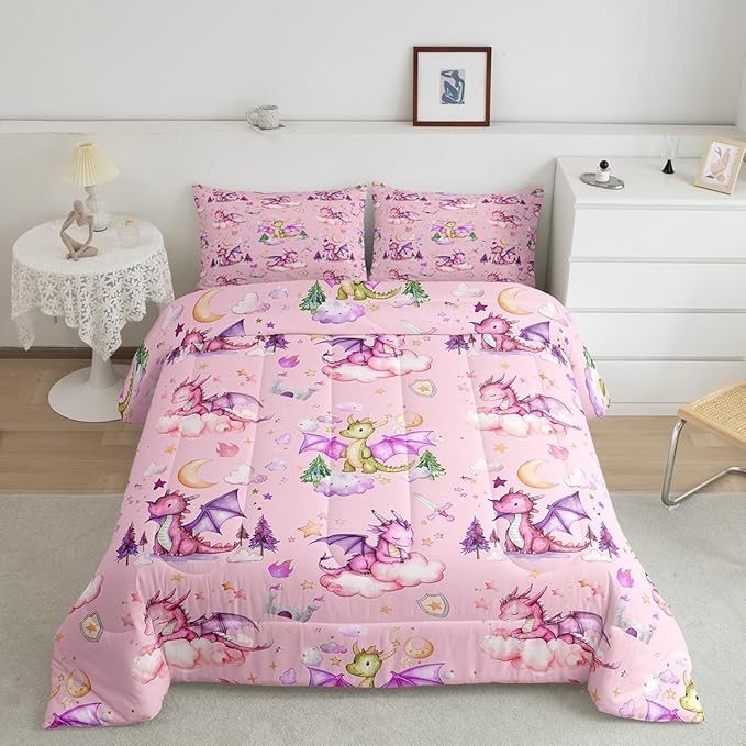 Feelyou Dragon Comforter Set King Size Kawaii Stuff Comforter for Boys Girls Teens Cute Bedding Set Dragon Decor Duvet Set Room Decor Pink Quilt Set