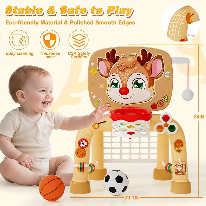 Toddler Basketball Hoop Tball Set & Soccer Goal Play Activity Center,Toys for 1 2 3 Year Old Boys Girls,Montessori Sports Toys with Sound Music Christmas Birthday Gifts for Baby Kids 12 Months+