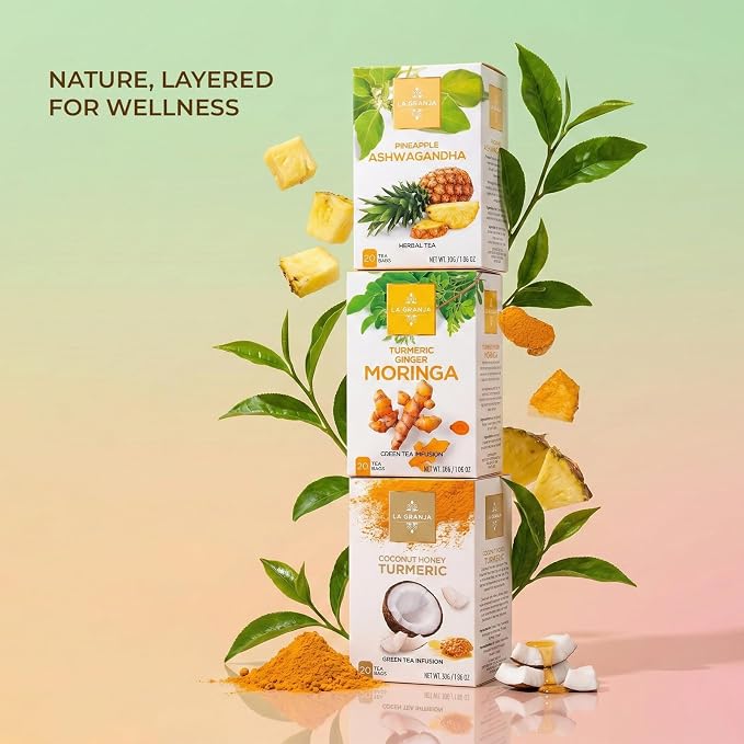Life Plus Style Gourmet La Granja Variety Pack Assortment Natural 60 Tea Bags Coconut Honey Turmeric Ginger Moringa Green Tea Pineapple Ashwagandha Herbal Tea Set Samplers Gifts for Women