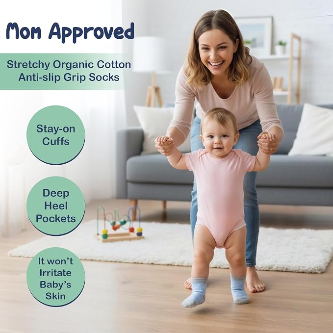 Mother's Choice Organic Cotton Baby Socks Non Slip Infant 6-12 Months - 12 pairs Soft and Cozy, Gentle Newborn Socks, Ideal Baby Gift, Infant Footwear for Daily Comfort and Little Feet Safety