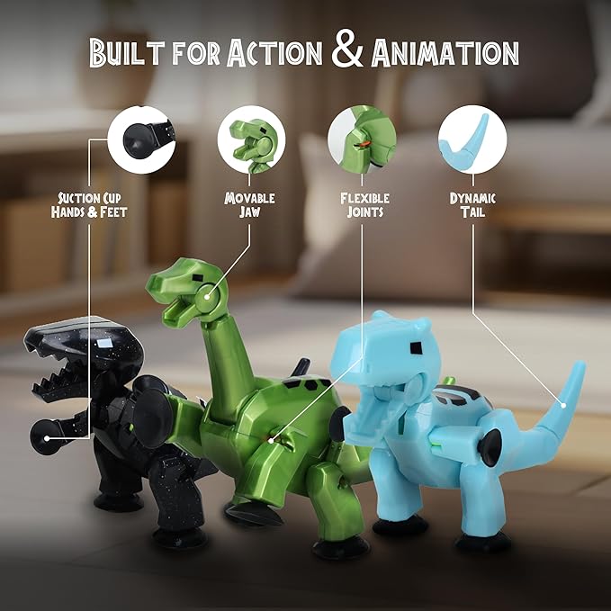 Zing Stikbot MEGA Dino 3 Pack - Includes Brontosaurus, T-Rex, and Carnotaurus, Create Stop Motion Animation, for Ages 4 and Up (Ice Blue, Space Black, Metallic Red)