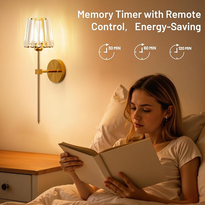 Crystal Battery Operated Wall Sconces Set of 2, Gold Rechargeable Wireless Wall Sconce Lights with Crystal Lampshade, 12 RGB and 3CCT Dimmable Wall Lamps with Remote for Bedroom Living Room Hallway