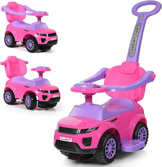 GLACER Push Cars for Toddlers 1-3, 3-in-1 Kids Sliding Car with Detachable Guardrail, Horn, Music, Lights, Storage Box and Anti-Roll Design, Ride on Push Car for Boys Girls (Pink)