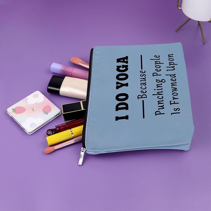 Sazuwu Yoga Gifts for Her - Blue Makeup Bag & Funny Cosmetic Bag for Yoga Lovers & Instructors