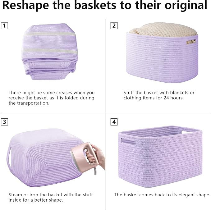 OIAHOMY 4 Pack Storage Baskets for Organizing, Cube Storage Bins for Shelves, Rectangle Storage Baskets With Handles, Woven Baskets for Storage, 12.7''Lx9''Wx7.8''H, Purple