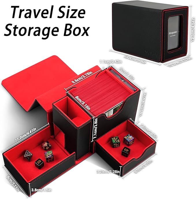 MTG Deck Box for Commander Display with Dice Tower, Fits 100 Double Sleeved Cards for TCG/PTCG, Cards Storage Case with Dice Tray and 35PT Magnetic Card Holder (Black/Red)