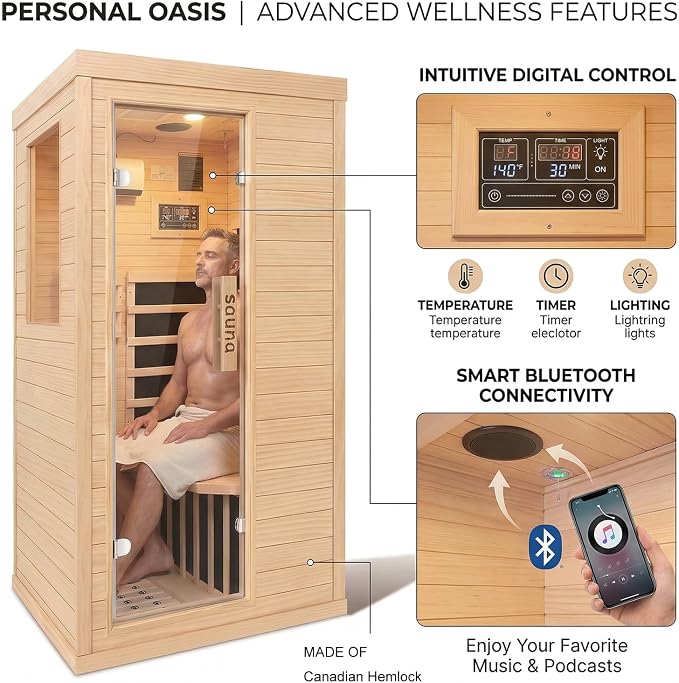 Far Infrared Sauna Room for Home Use - 1350W Natural Hemlock Indoor Personal Wooden Personal Dry Sauna with Rapid Heating, Perfect for Athletes, Busy Professionals & Arthritis Sufferers
