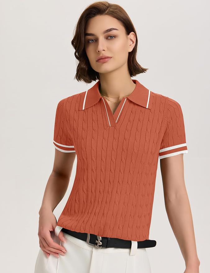 Micoson Womens Short Sleeve Sweater Tops Lapel V Neck Polo Shirts 2026 | Summer Cable Knit Loose Blouses, Business Casual Outfits