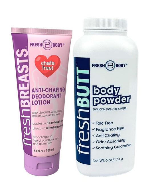 Fresh Breasts Lotion to Powder Deodorant, 3.4oz + Butt Body Powder for Men and Women - Unscented Deodorant Anti-Chafing, Talc Free, 6oz