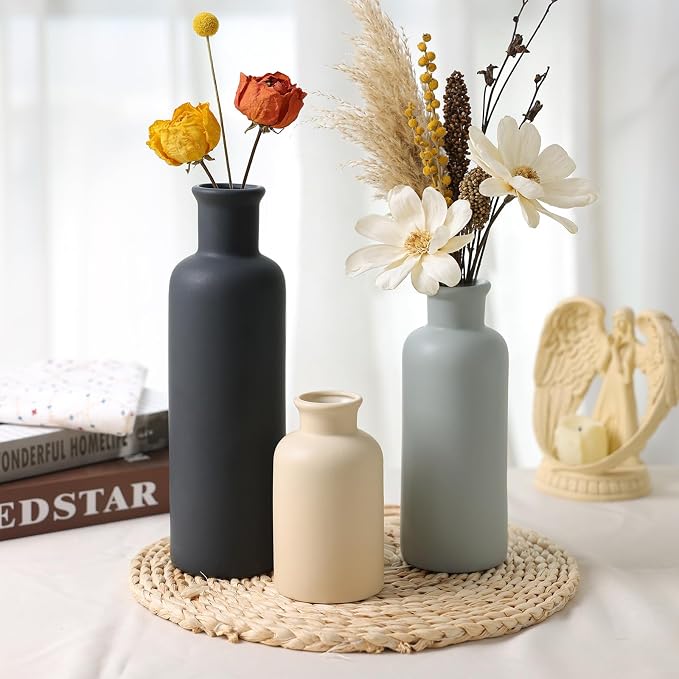 Ceramic Vase Set of 3, Neutral Rustic Vases for Farmhouse Decor Waterproof | Farmhouse Vases for Pampas Grass & Dried Flowers and Table Living Room Home Decor