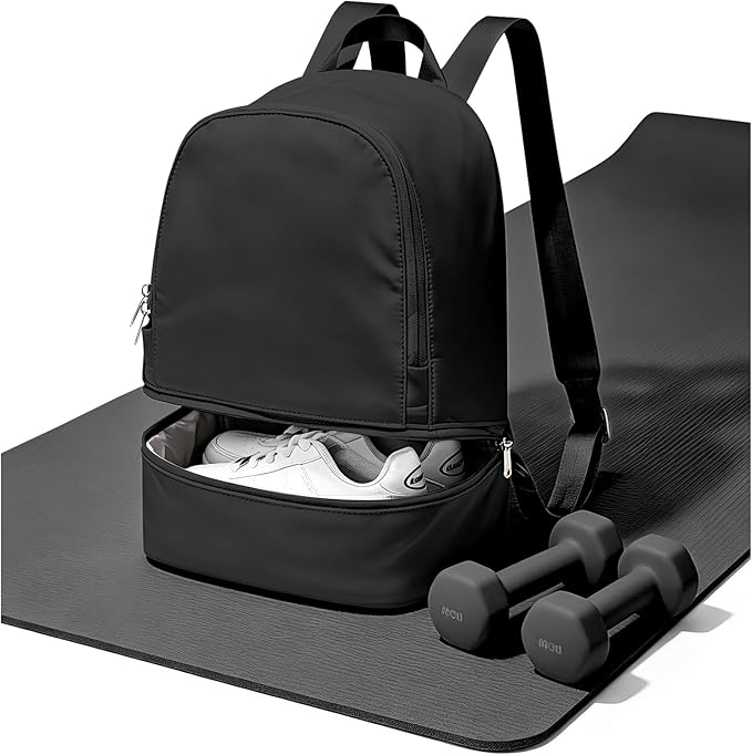 Small Gym Backpack for Women, Office-to-Gym Casual Daypack with Shoe Compartment, Lightweight Water Resistant Small-Size Bag, Clean Fit Style Work Backpack for Daily Use, Black