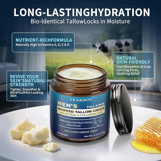 Men's Beef Tallow for Skin, Organic Whipped Grass Fed Tallow and Honey Balm with Anti-Aging Retinol & Hyaluronic Acid, Mens Skin Care Face Cream Moisturizer, Reduces Wrinkles Lines, Unscented, 3.5 OZ