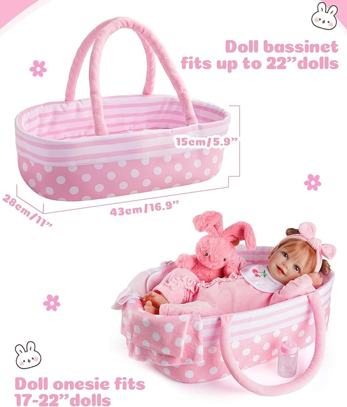 JIZHI 8 Pcs Reborn Baby Doll Clothes Set with Bassinet for 17-22 Inch Dolls, Baby Dolls Clothes and Doll Accessories Set fit Newborn Baby Doll Girl, Pink