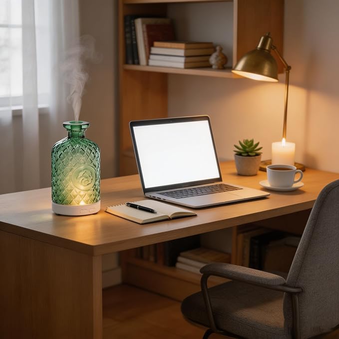 Glass Essential Oil Diffuser,100ml Aromatherapy Diffuser(Green) | Ultrasonic Cool Mist Humidifier with 7-Color LED Lights, BPA Free, Auto Shut-Off, for Home Yoga Bedroom Office Spa