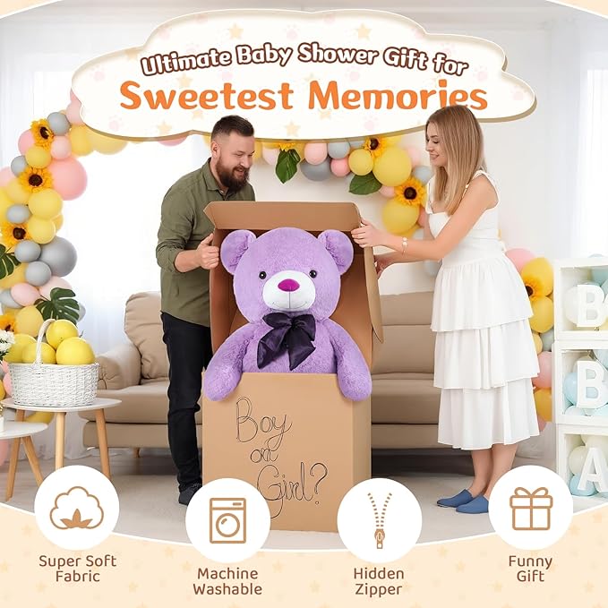 MorisMos Bow Tie Giant Teddy Bear 4 Feet, 47inch Big Lavender Teddy Bear Stuffed Animal Plush for Girlfriend, Boyfriend, Purple